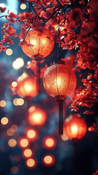 A Red Chinese lanterns illuminated by soft bokeh lights and blossoms create warm, festive atmosphere