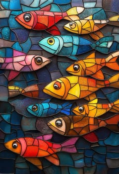 School of colorful fish on mosaic background. Selective focus.