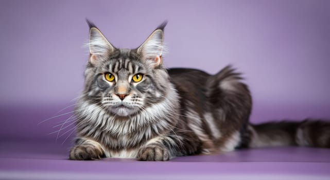 A regal maine coon cat with distinct amber eyes and a thick, luxurious coat reclines gracefully against a soft purple backdrop. the cat's attentive gaze and prominent ear tufts contribute to its noble appearance.