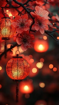 A vibrant display of red lanterns and cherry blossoms creates festive atmosphere, evoking warmth and celebration