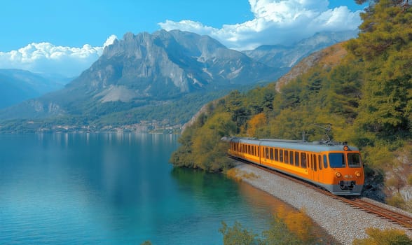 Train travel through the mountains next to a lake. Selective focus.