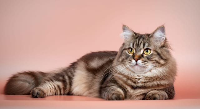 A majestic long-haired tabby cat with striking yellow eyes lies gracefully against a soft peach background. the luxurious fur and attentive gaze make it perfect for themes of pet care, elegance, and tranquility.