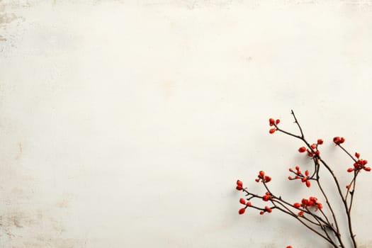 A delicate branch with red berries against textured neutral background evokes serene atmosphere