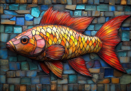 Colorful fish with stained glass pattern on mosaic background. Selective focus.