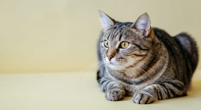 A domestic short-haired tabby cat with distinctive stripes and bright green eyes lying on a soft pale yellow surface. the cat appears calm and attentive, providing a serene and cozy scene, ideal for themes of relaxation and pet companionship.