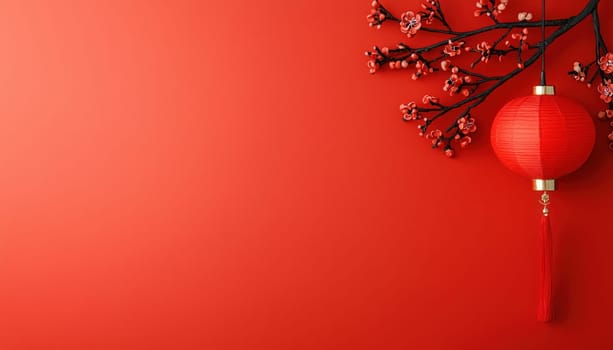 A vibrant red background features traditional lantern and cherry blossoms, symbolizing celebration and prosperity