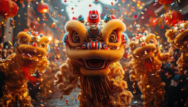 A vibrant street scene featuring colorful lion dancers celebrating with confetti. atmosphere is lively and festive, showcasing cultural traditions