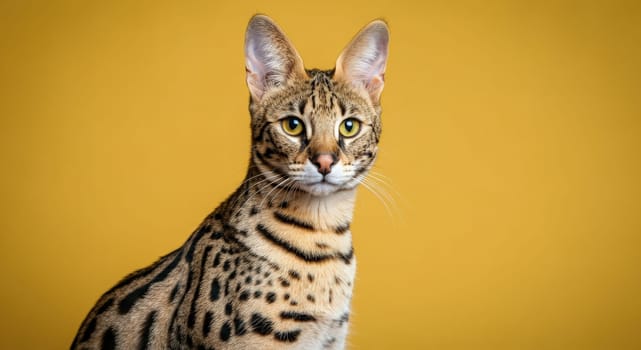 Savannah cat with striking spots and attentive gaze, set against a vibrant yellow backdrop. the focus is on the cat's unique fur patterns and intelligent expression, its wild and exotic elegance.