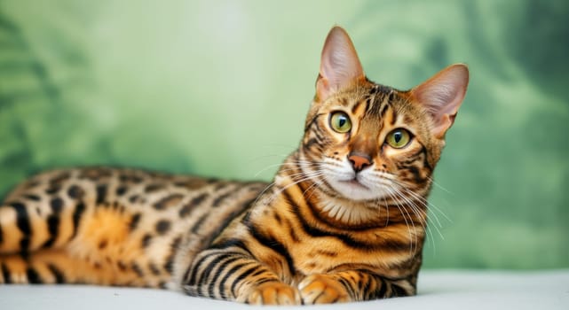 A bengal cat with a stunning coat pattern and captivating green eyes is lounging on a soft surface. the background features a soothing green hue, emphasizing the cat's elegant posture and vibrant markings.
