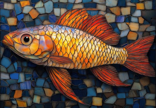 Colorful fish with stained glass pattern on mosaic background. Selective focus.