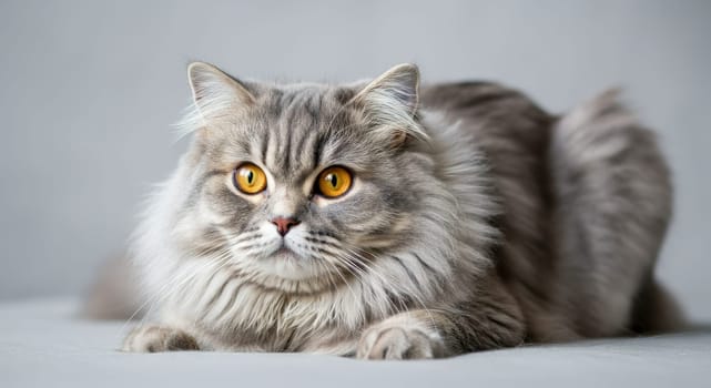 Persian cat with long, luxurious fur and striking amber eyes sits calmly on a soft, neutral background. the cat's attentive gaze and rich coat texture create a serene and captivating atmosphere.