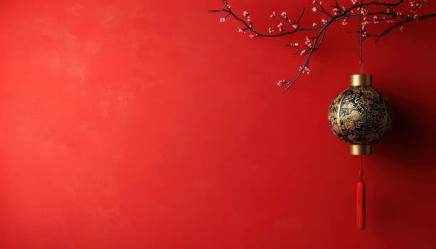 A vibrant red background features ornate gold Chinese lantern, symbolizing celebration and prosperity. delicate branch adds elegance