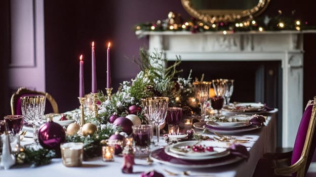 Christmas tablescape decoration, formal family dinner holiday celebration, luxury table setting decor, English country and home style idea