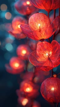 A Bright red Chinese lanterns illuminate night, creating warm and festive atmosphere
