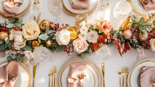 Christmas tablescape decoration, formal family dinner holiday celebration, luxury table setting decor, English country and home style idea