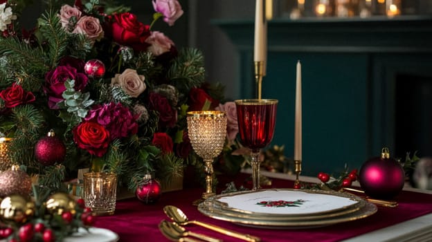 Christmas tablescape decoration, formal family dinner holiday celebration, luxury table setting decor, English country and home style idea
