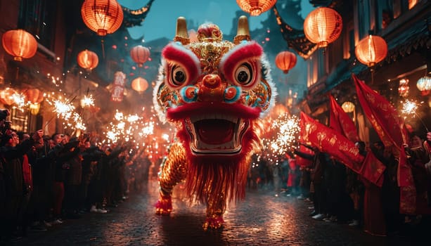 A vibrant dragon dance performance captivates festive crowd, surrounded by glowing lanterns and sparkling fireworks, creating lively atmosphere