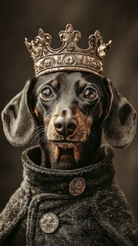 A dignified dachshund wearing tiny crown and elegant coat exudes royal charm