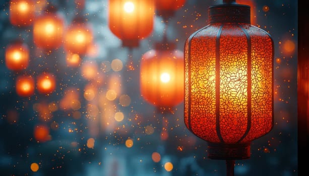 A vibrant display of traditional red Chinese lanterns glowing warmly, creating magical atmosphere with soft bokeh and sparkling lights