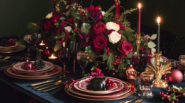 Christmas tablescape decoration, formal family dinner holiday celebration, luxury table setting decor, English country and home style idea