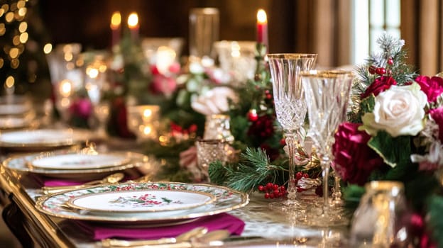 Christmas tablescape decoration, formal family dinner holiday celebration, luxury table setting decor, English country and home style idea