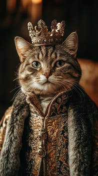 A regal cat wearing ornate crown and luxurious robe exudes majesty and charm