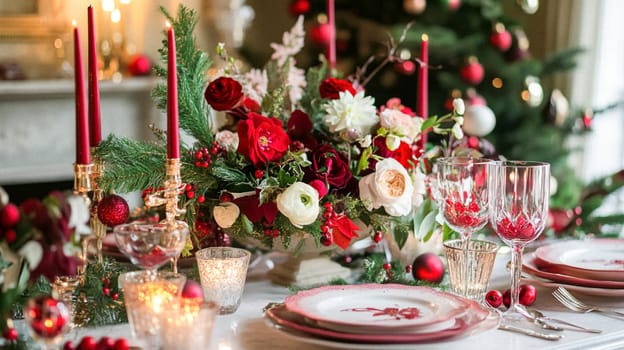 Christmas tablescape decoration, formal family dinner holiday celebration, luxury table setting decor, English country and home style idea