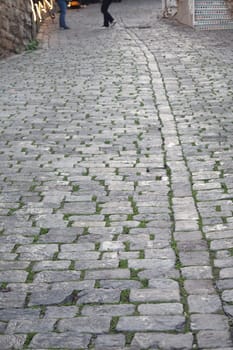 This image shows a closeup of a textured cobblestone street with an intricate pattern