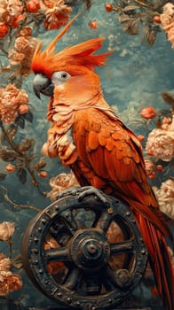 A vibrant orange parrot perched on vintage wheel, surrounded by floral patterns, exuding lively and artistic atmosphere