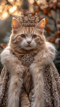 A Majestic cat wearing royal outfit with crown, exuding elegance and grace