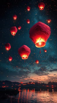 A serene night sky filled with glowing red lanterns illuminating water