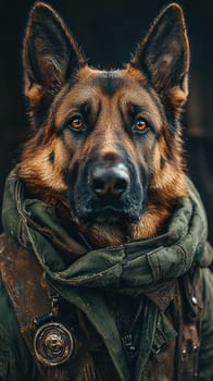A heroic German Shepherd wearing rugged jacket and scarf, exuding strength and loyalty