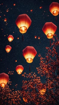 A serene night sky filled with glowing red lanterns and blooming flowers creates magical atmosphere