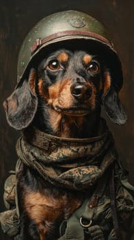 A vintage pet portrait of dog in military gear, showcasing bravery and loyalty. dog wears helmet and scarf, exuding strong presence
