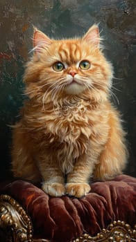 A Majestic orange Persian cat with fluffy fur, sitting proudly on plush chair