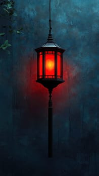A striking red lantern illuminates textured blue wall, creating captivating atmosphere. warm glow contrasts beautifully with cool background