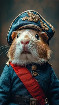 A guinea pig dressed in miniature general costume, exuding charm and whimsy
