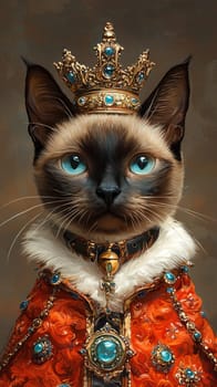 A regal Siamese cat wearing crown and royal robe, exuding majesty and charm