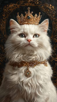 A Majestic white Persian cat wearing golden crown and necklace, exuding royal elegance and charm