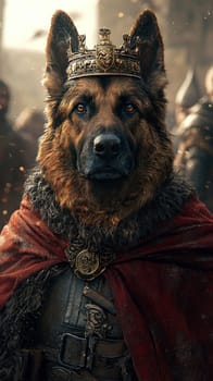 A majestic dog wearing crown and regal attire, exuding nobility and strength