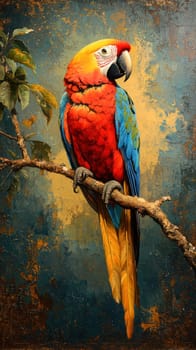 A Vibrant macaw perched on branch, showcasing colorful feathers and striking appearance