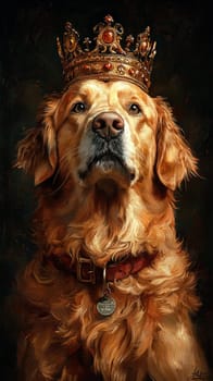 A Majestic golden retriever wearing royal crown, exuding elegance and charm