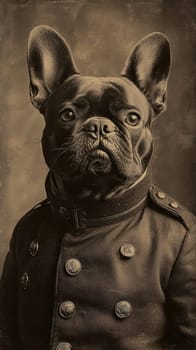 A regal vintage portrait of French Bulldog in military style coat, exuding confidence and charm