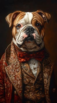 A regal bulldog dressed in vintage suit with bow tie, exuding charm and elegance