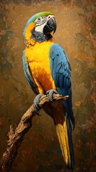 A vibrant blue and yellow parrot perched on branch, showcasing its colorful feathers and expressive gaze