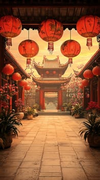 A serene temple courtyard adorned with vibrant red lanterns and blooming flowers, creating peaceful atmosphere