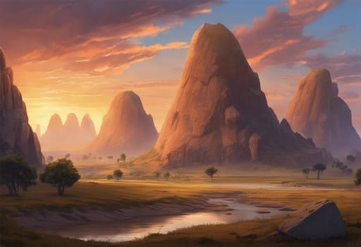 Beautiful prehistoric landscape at dinosaur ere at sunset - Generative ai
