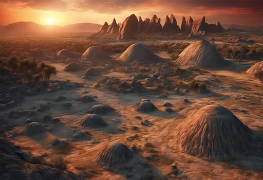 Beautiful prehistoric landscape at dinosaur ere at sunset - Generative ai