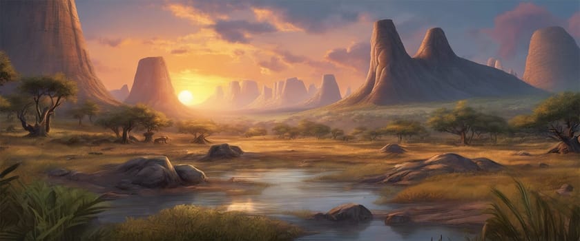 Beautiful prehistoric landscape at dinosaur ere at sunset - Generative ai