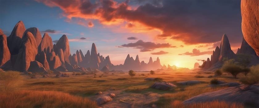 Beautiful prehistoric landscape at dinosaur ere at sunset - Generative ai